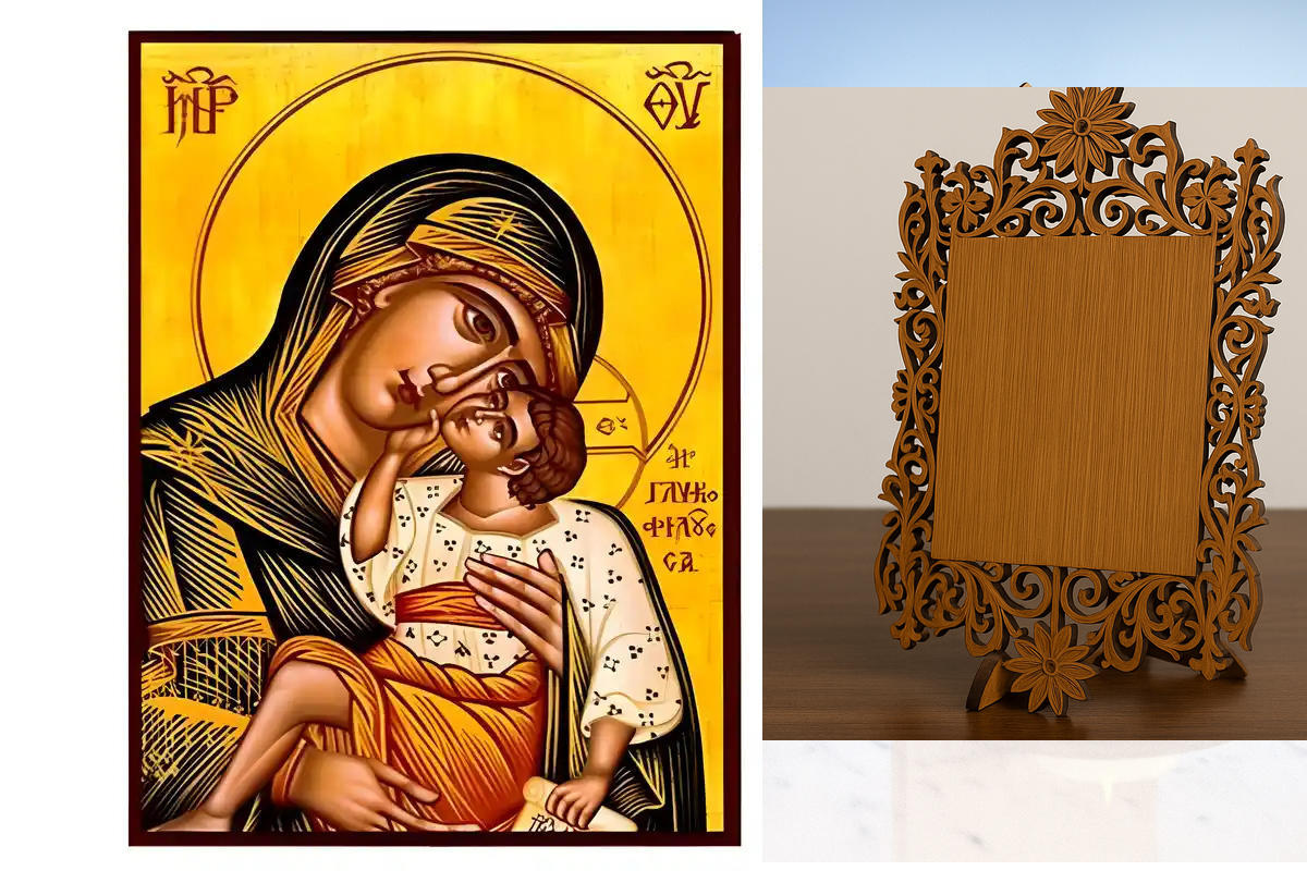 Σετ των 2 Εικόνα Ορθοδοξίας Δαντέλα μαζι με  Βάση σε  8 χρώματα με περίγραμμα χρυσό σε ξύλο Plywood (Πλακάζ)   με  βάση Εικόνα Παναγία Γλυκοφιλούσα Χειροποίητη Ελληνορθόδοξη , Κρεμαστή πλάκα βυζαντινής τέχνης, χριστιανική τέχνη Διάσταση 10x7 cm (3,9 x 2,8