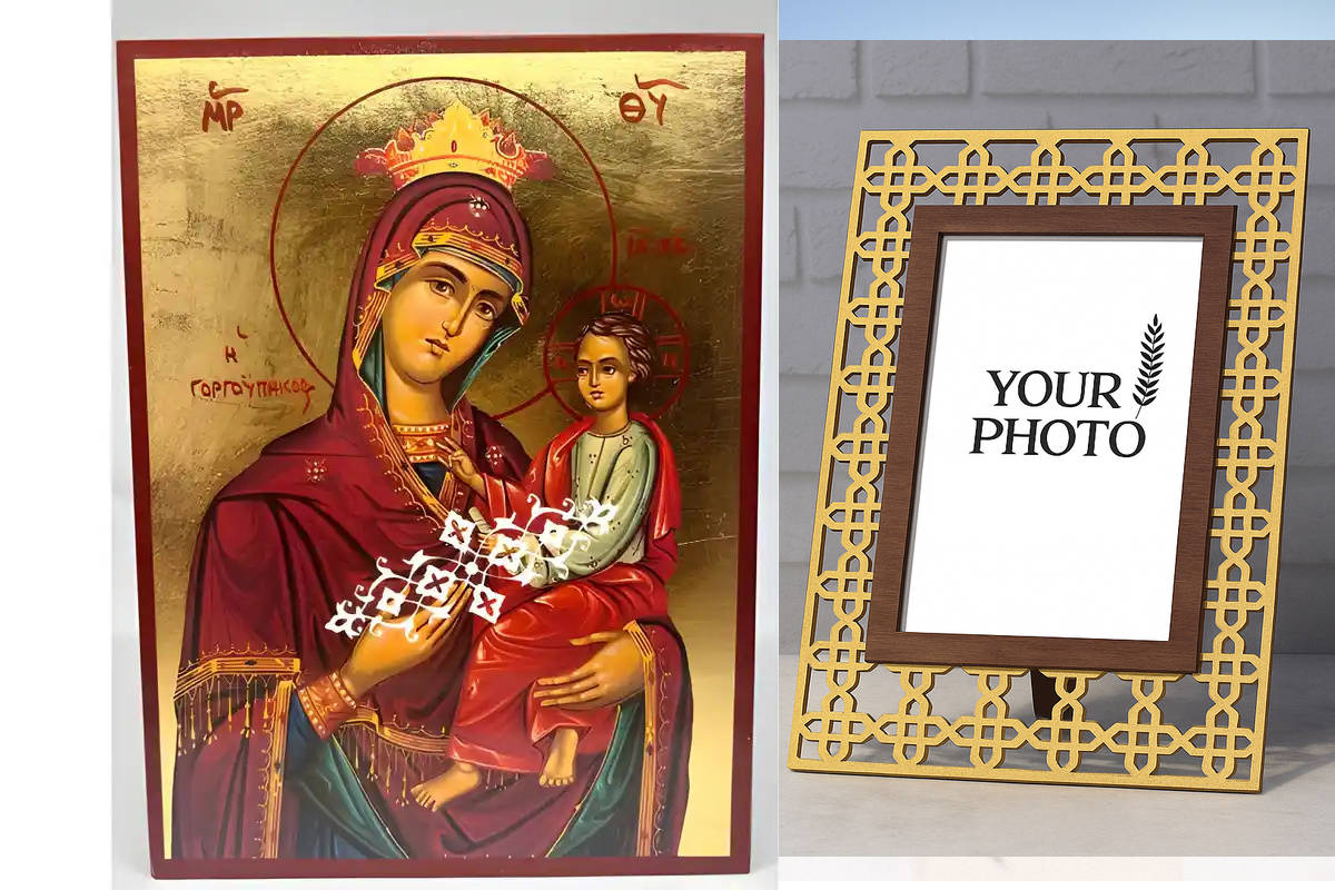 Σετ των 2 Εικόνα Ορθοδοξίας Πολυτελείας  με  σχεδιο Σταυρούς μαζι με  Βάση σε  8 χρώματα με περίγραμμα χρυσό σε ξύλο Plywood (Πλακάζ)   με  βάση Εικόνα Παναγία Γοργοϋπήκοος Χειροποίητη Ελληνορθόδοξη , Κρεμαστή πλάκα βυζαντινής τέχνης, χριστιανική τέχνη Δι