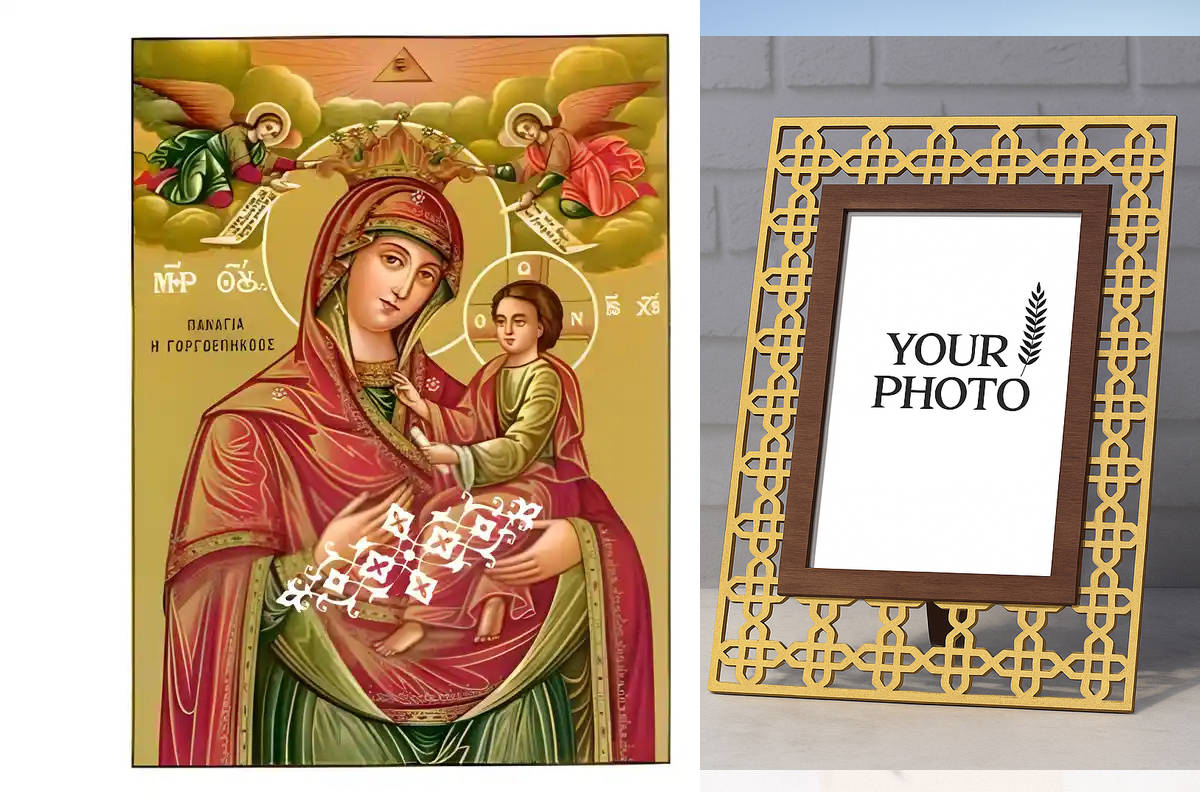 Εικόνα Ορθοδοξίας Πολυτελείας  με  σχεδιο Σταυρούς μαζι με  Βάση σε  8 χρώματα με περίγραμμα χρυσό σε ξύλο Plywood (Πλακάζ)   με  βάση Εικόνα Παναγία Γοργοϋπήκοος με Αγγελους Χειροποίητη Ελληνορθόδοξη , Κρεμαστή πλάκα βυζαντινής τέχνης, χριστιανική τέχνη