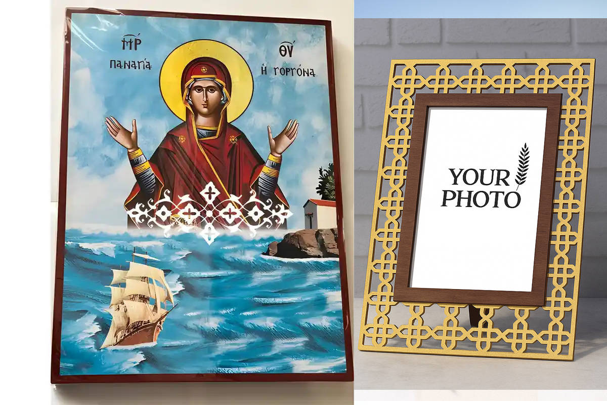 Σετ των 2 Εικόνα Ορθοδοξίας Πολυτελείας  με  σχεδιο Σταυρούς μαζι με  Βάση σε  8 χρώματα με περίγραμμα χρυσό σε ξύλο Plywood (Πλακάζ)   με  βάση Εικόνα Παναγία Γοργόνα Χειροποίητη Ελληνορθόδοξη , Κρεμαστή πλάκα βυζαντινής τέχνης, χριστιανική τέχνη Διάστασ