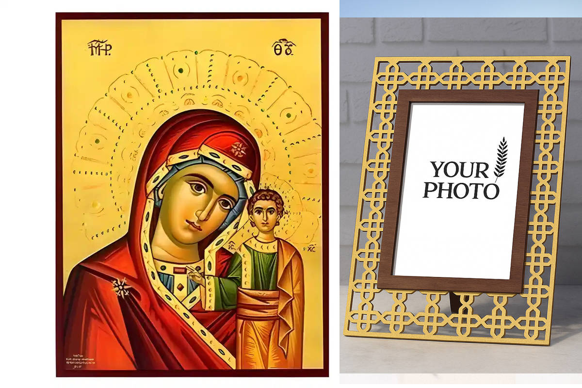 Εικόνα Ορθοδοξίας Πολυτελείας  με  σχεδιο Σταυρούς μαζι με  Βάση σε  8 χρώματα με περίγραμμα χρυσό σε ξύλο Plywood (Πλακάζ)   με  βάση Εικόνα Παναγία Καζάν Χειροποίητη Ελληνορθόδοξη , Κρεμαστή πλάκα βυζαντινής τέχνης, χριστιανική τέχνη Διάσταση 10x7 cm (3