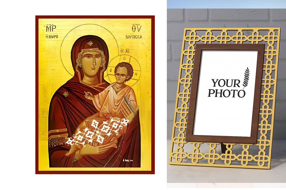 Εικόνα Ορθοδοξίας Πολυτελείας  με  σχεδιο Σταυρούς μαζι με  Βάση σε  8 χρώματα με περίγραμμα χρυσό σε ξύλο Plywood (Πλακάζ)   με  βάση Εικόνα Παναγία Μυροβλύτισσα Χειροποίητη Ελληνορθόδοξη , Κρεμαστή πλάκα βυζαντινής τέχνης, χριστιανική τέχνη Διάσταση 10x