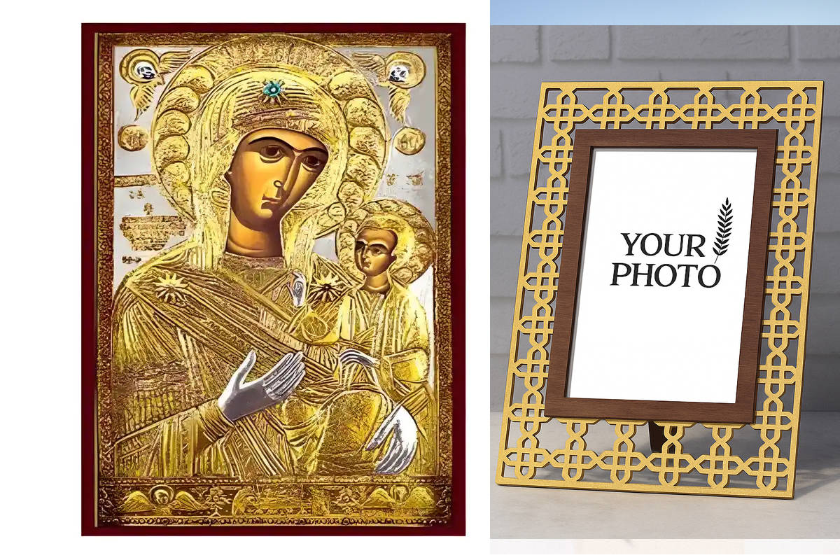 Εικόνα Ορθοδοξίας Πολυτελείας  με  σχεδιο Σταυρούς μαζι με  Βάση σε  8 χρώματα με περίγραμμα χρυσό σε ξύλο Plywood (Πλακάζ)   με  βάση Εικόνα Παναγία Προυσιώτισσα Χειροποίητη Ελληνορθόδοξη , Κρεμαστή πλάκα βυζαντινής τέχνης, χριστιανική τέχνη Διάσταση 10x