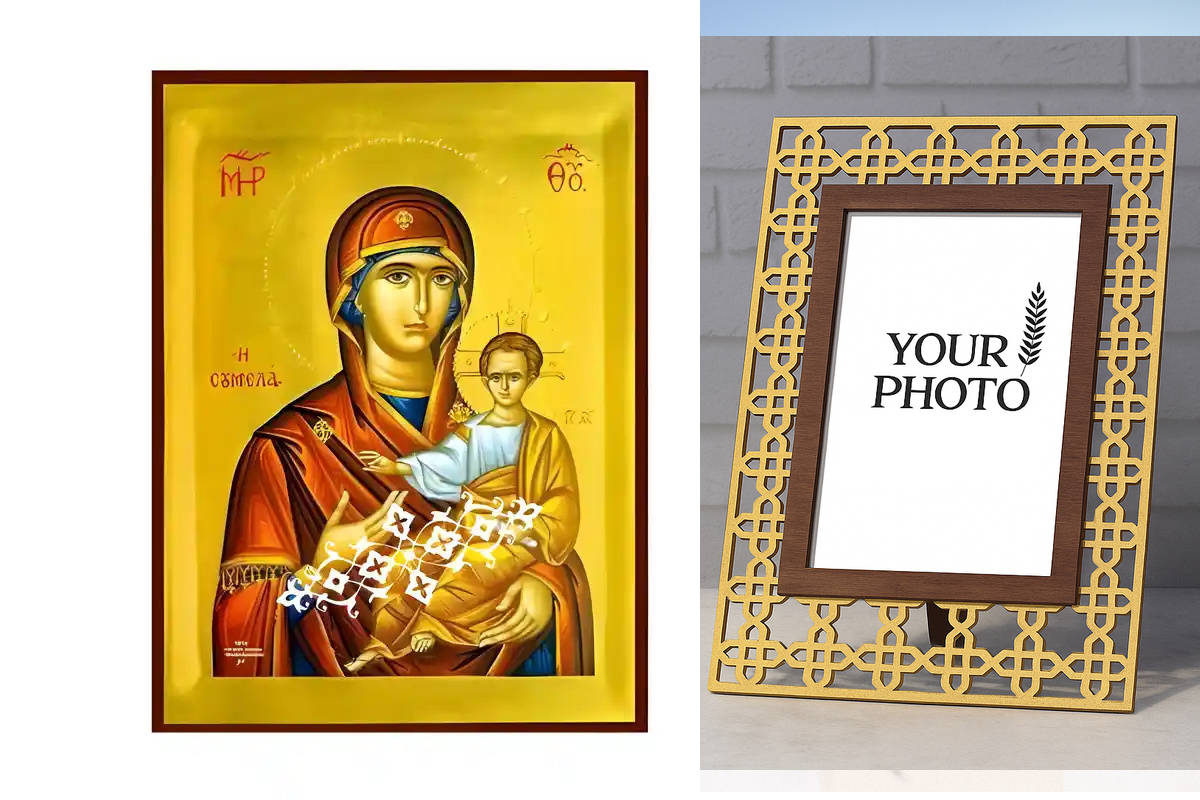 Εικόνα Ορθοδοξίας Πολυτελείας  με  σχεδιο Σταυρούς μαζι με  Βάση σε  8 χρώματα με περίγραμμα χρυσό σε ξύλο Plywood (Πλακάζ)   με  βάση Εικόνα Παναγία Σουμελά Χειροποίητη Ελληνορθόδοξη , Κρεμαστή πλάκα βυζαντινής τέχνης, χριστιανική τέχνη Διάσταση 10x7 cm