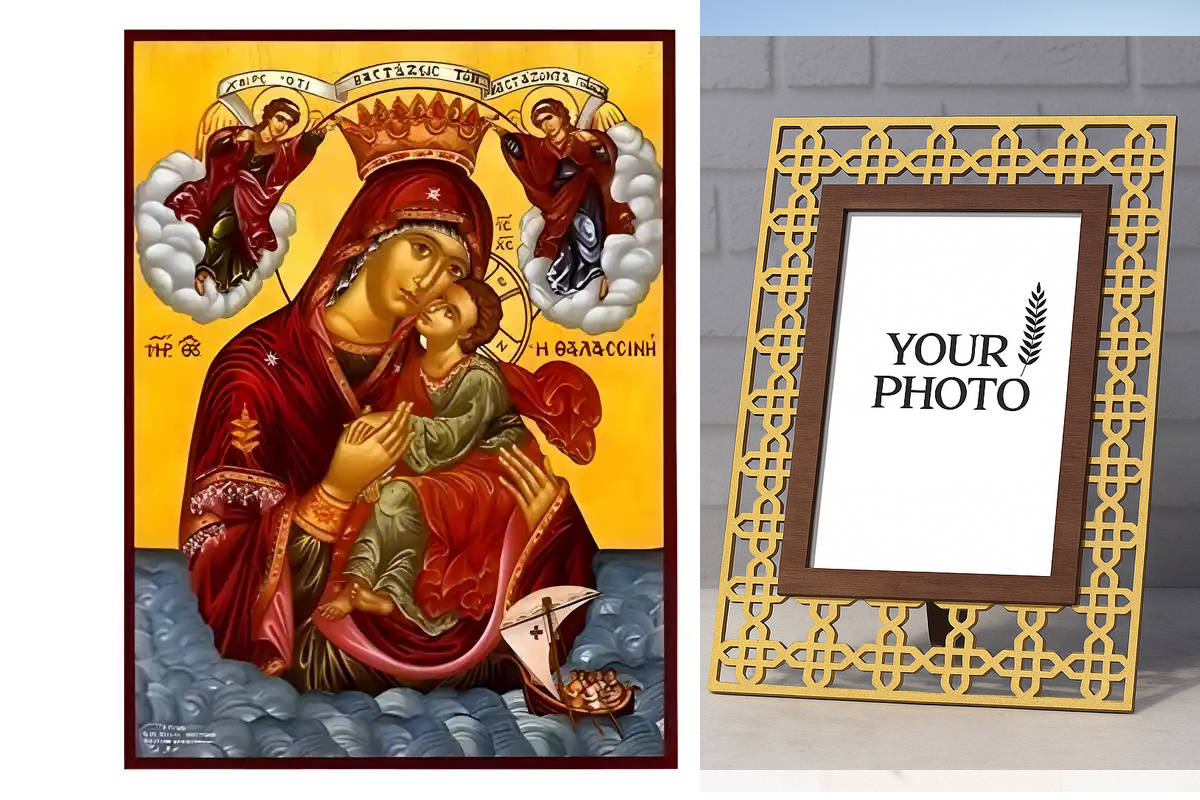 Εικόνα Ορθοδοξίας Πολυτελείας  με  σχεδιο Σταυρούς μαζι με  Βάση σε  8 χρώματα με περίγραμμα χρυσό σε ξύλο Plywood (Πλακάζ)   με  βάση Εικόνα Παναγία Θαλασσινή Χειροποίητη Ελληνορθόδοξη , Κρεμαστή πλάκα βυζαντινής τέχνης, χριστιανική τέχνη Διάσταση 10x7 c