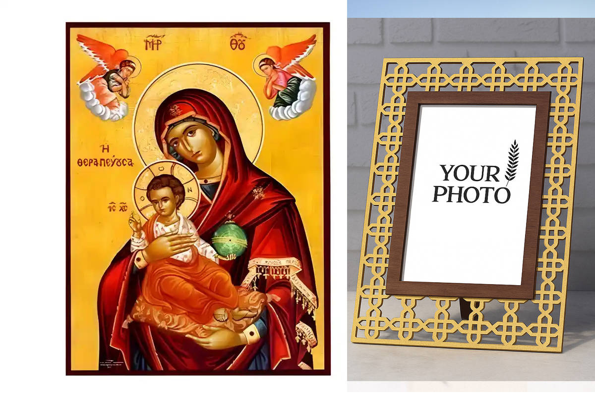 Εικόνα Ορθοδοξίας Πολυτελείας  με  σχεδιο Σταυρούς μαζι με  Βάση σε  8 χρώματα με περίγραμμα χρυσό σε ξύλο Plywood (Πλακάζ)   με  βάση Εικόνα Παναγία Θεραπεύουσα Χειροποίητη Ελληνορθόδοξη , Κρεμαστή πλάκα βυζαντινής τέχνης, χριστιανική τέχνη Διάσταση 10x7