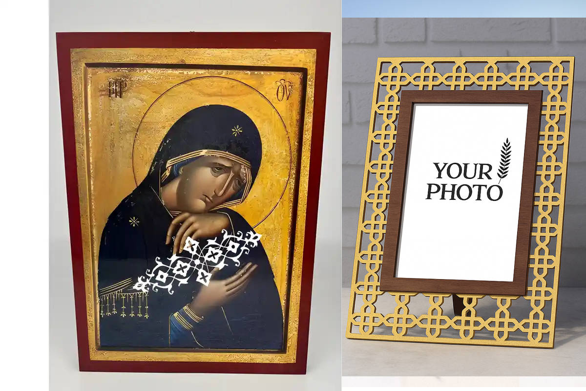 Εικόνα Ορθοδοξίας Πολυτελείας  με  σχεδιο Σταυρούς μαζι με  Βάση σε  8 χρώματα με περίγραμμα χρυσό σε ξύλο Plywood (Πλακάζ)   με  βάση Εικόνα Παναγία Θρηνωδούσα Χειροποίητη Ελληνορθόδοξη , Κρεμαστή πλάκα βυζαντινής τέχνης, χριστιανική τέχνη Διάσταση 10x7