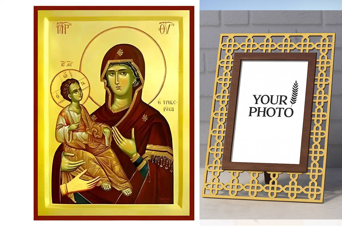 Εικόνα Ορθοδοξίας Πολυτελείας  με  σχεδιο Σταυρούς μαζι με  Βάση σε  8 χρώματα με περίγραμμα χρυσό σε ξύλο Plywood (Πλακάζ)   με  βάση Εικόνα Παναγία Τριχερούσα Χειροποίητη Ελληνορθόδοξη , Κρεμαστή πλάκα βυζαντινής τέχνης, χριστιανική τέχνη Διάσταση 10x7