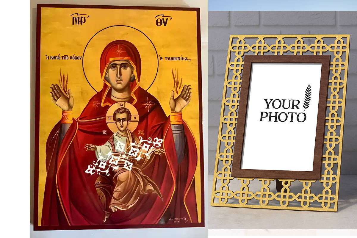 Εικόνα Ορθοδοξίας Πολυτελείας  με  σχεδιο Σταυρούς μαζι με  Βάση σε  8 χρώματα με περίγραμμα χρυσό σε ξύλο Plywood (Πλακάζ)   με  βάση Εικόνα Παναγία Τσαμπίκα Χειροποίητη Ελληνορθόδοξη , Κρεμαστή πλάκα βυζαντινής τέχνης, χριστιανική τέχνη Διάσταση 10x7 cm