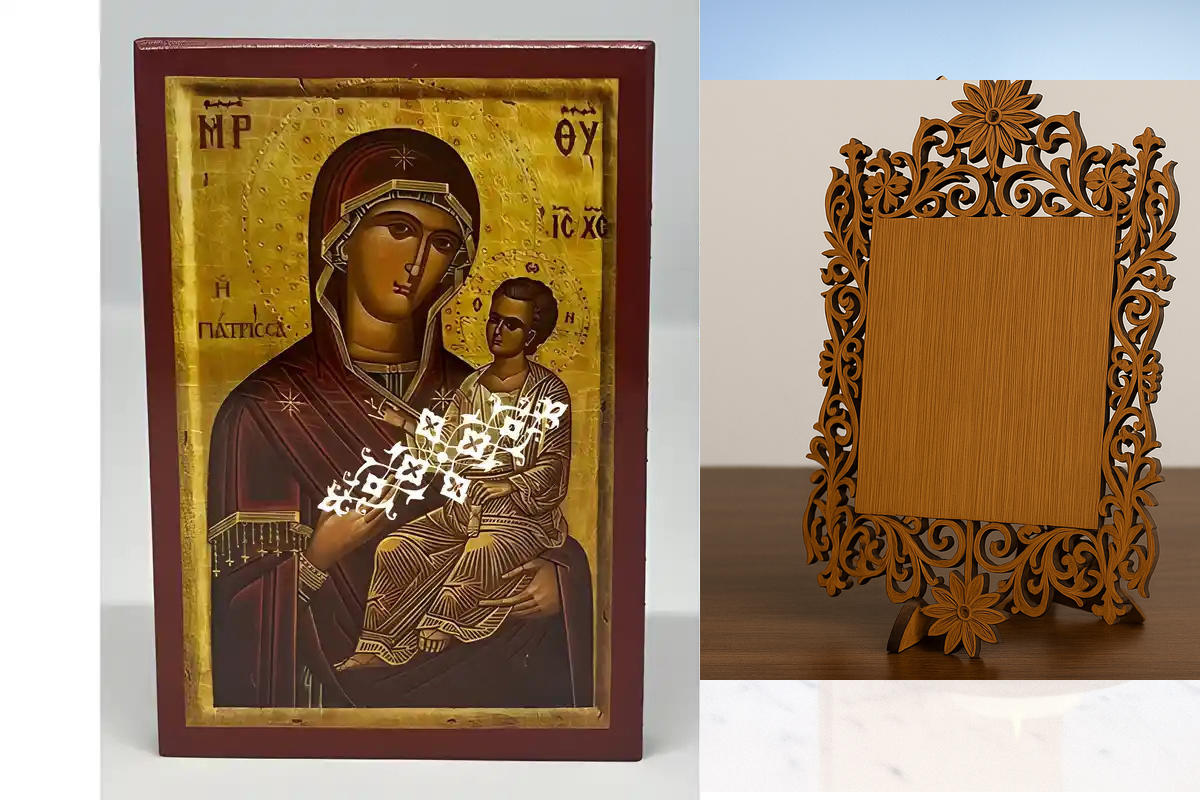 Σετ των 2 Εικόνα Ορθοδοξίας Δαντέλα μαζι με  Βάση σε  8 χρώματα με περίγραμμα χρυσό σε ξύλο Plywood (Πλακάζ)   με  βάση Εικόνα Παναγία Γιάτρισσα Χειροποίητη Ελληνορθόδοξη , Κρεμαστή πλάκα βυζαντινής τέχνης, χριστιανική τέχνη Διάσταση 10x7 cm (3,9 x 2,8 ίν