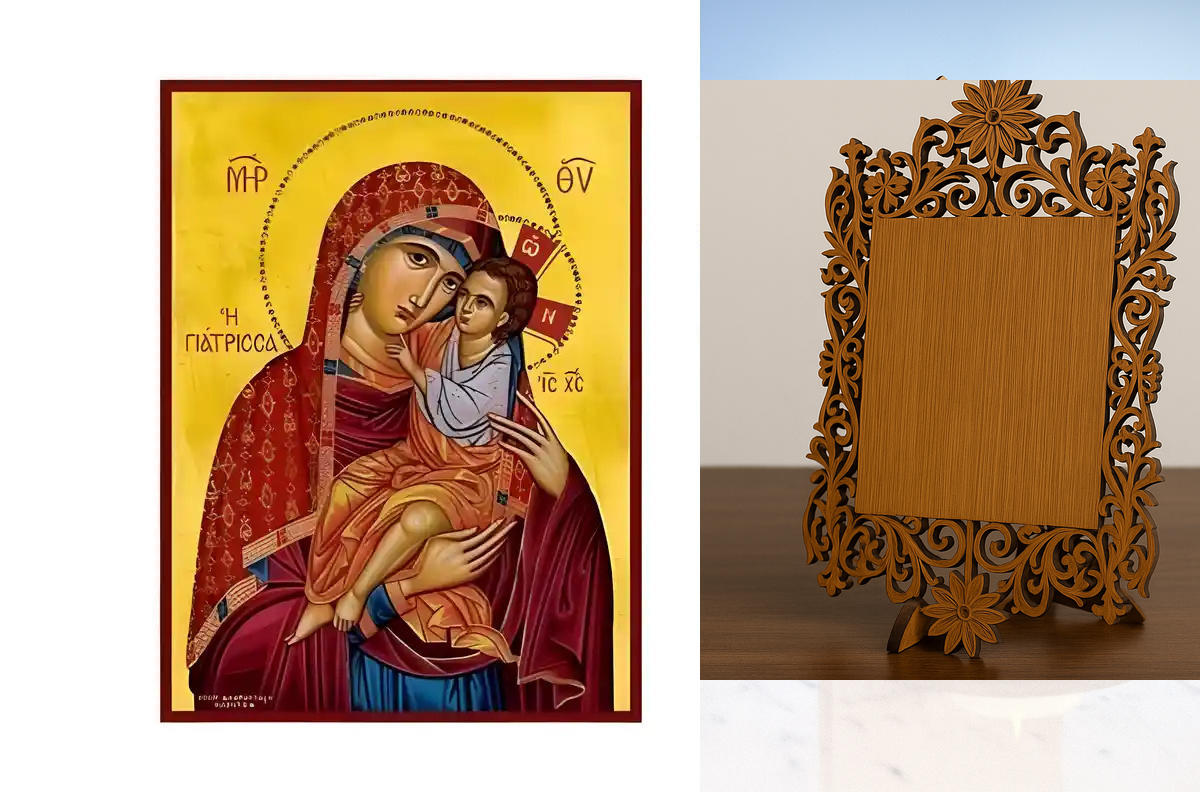 Σετ των 2 Εικόνα Ορθοδοξίας Δαντέλα μαζι με  Βάση σε  8 χρώματα με περίγραμμα χρυσό σε ξύλο Plywood (Πλακάζ)   με  βάση Εικόνα Παναγία Γιάτρισσα Χειροποίητη Ελληνορθόδοξη , Κρεμαστή πλάκα βυζαντινής τέχνης, χριστιανική τέχνη Διάσταση 10x7 cm (3,9 x 2,8 ίν