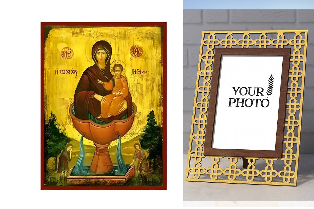 Εικόνα Ορθοδοξίας Πολυτελείας  με  σχεδιο Σταυρούς μαζι με  Βάση σε  8 χρώματα με περίγραμμα χρυσό σε ξύλο Plywood (Πλακάζ)   με  βάση Εικόνα Παναγία Ζωοδόχος Πηγή Χειροποίητη Ελληνορθόδοξη , Κρεμαστή πλάκα βυζαντινής τέχνης, χριστιανική τέχνη Διάσταση 10