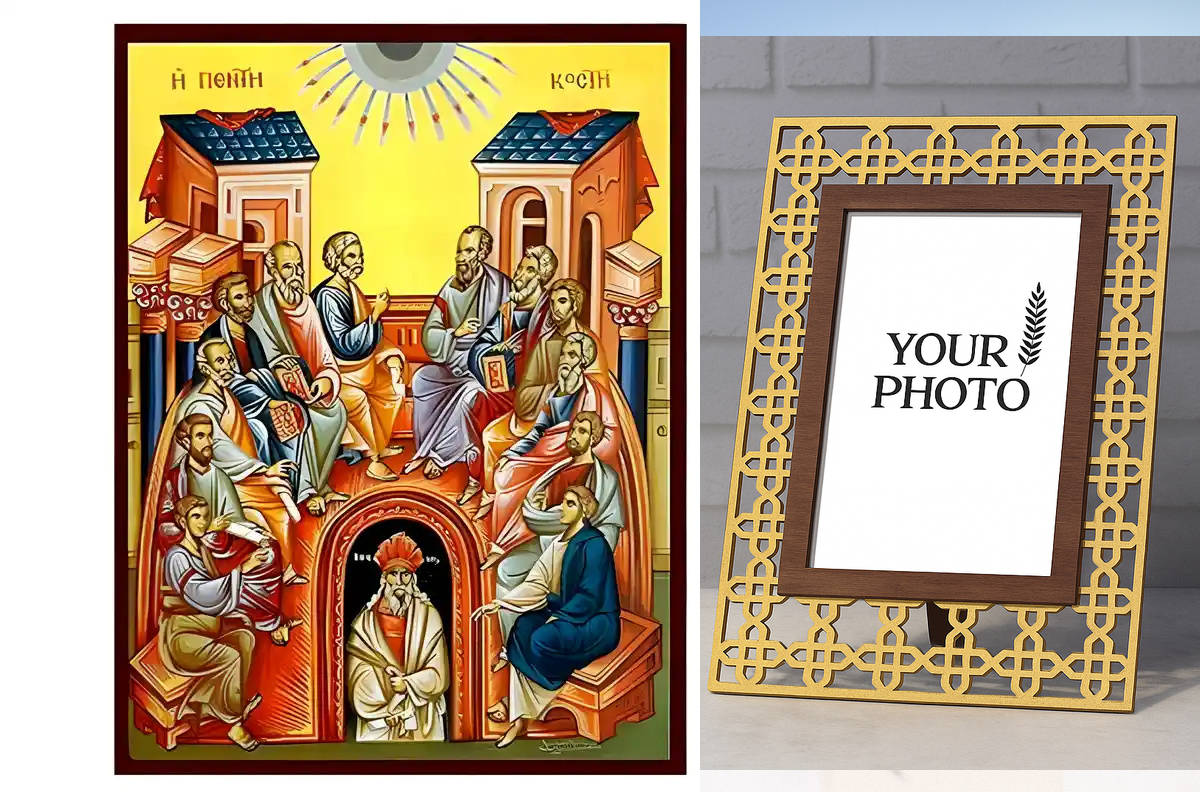 Εικόνα Ορθοδοξίας Πολυτελείας  με  σχεδιο Σταυρούς μαζι με  Βάση σε  8 χρώματα με περίγραμμα χρυσό σε ξύλο Plywood (Πλακάζ)   με  βάση Εικόνα Πεντηκοστή Χειροποίητη Ελληνορθόδοξη , Κρεμαστή πλάκα βυζαντινής τέχνης, χριστιανική τέχνη Διάσταση 10x7 cm (3,9