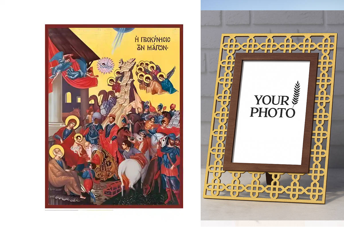 Εικόνα Ορθοδοξίας Πολυτελείας  με  σχεδιο Σταυρούς μαζι με  Βάση σε  8 χρώματα με περίγραμμα χρυσό σε ξύλο Plywood (Πλακάζ)   με  βάση Εικόνα Προσκύνηση των Μάγων Χειροποίητη Ελληνορθόδοξη , Κρεμαστή πλάκα βυζαντινής τέχνης, χριστιανική τέχνη Διάσταση 10x