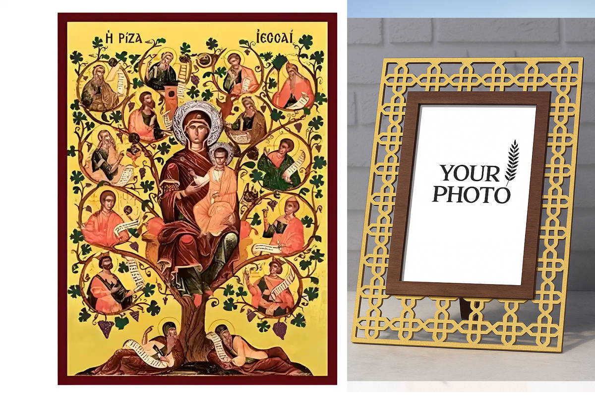 Εικόνα Ορθοδοξίας Πολυτελείας  με  σχεδιο Σταυρούς μαζι με  Βάση σε  8 χρώματα με περίγραμμα χρυσό σε ξύλο Plywood (Πλακάζ)   με  βάση Εικόνα Ρίζα του Ιεσσαί Χειροποίητη Ελληνορθόδοξη , Κρεμαστή πλάκα βυζαντινής τέχνης, χριστιανική τέχνη Διάσταση 10x7 cm