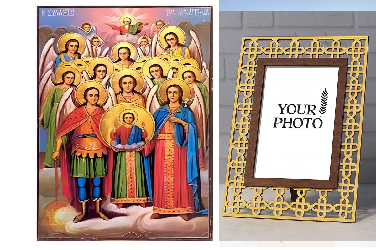 Εικόνα Ορθοδοξίας Πολυτελείας  με  σχεδιο Σταυρούς μαζι με  Βάση σε  8 χρώματα με περίγραμμα χρυσό σε ξύλο Plywood (Πλακάζ)   με  βάση Εικόνα Σύναξη  Αρχαγγέλων Χειροποίητη Ελληνορθόδοξη , Κρεμαστή πλάκα βυζαντινής τέχνης, χριστιανική τέχνη Διάσταση 10x7