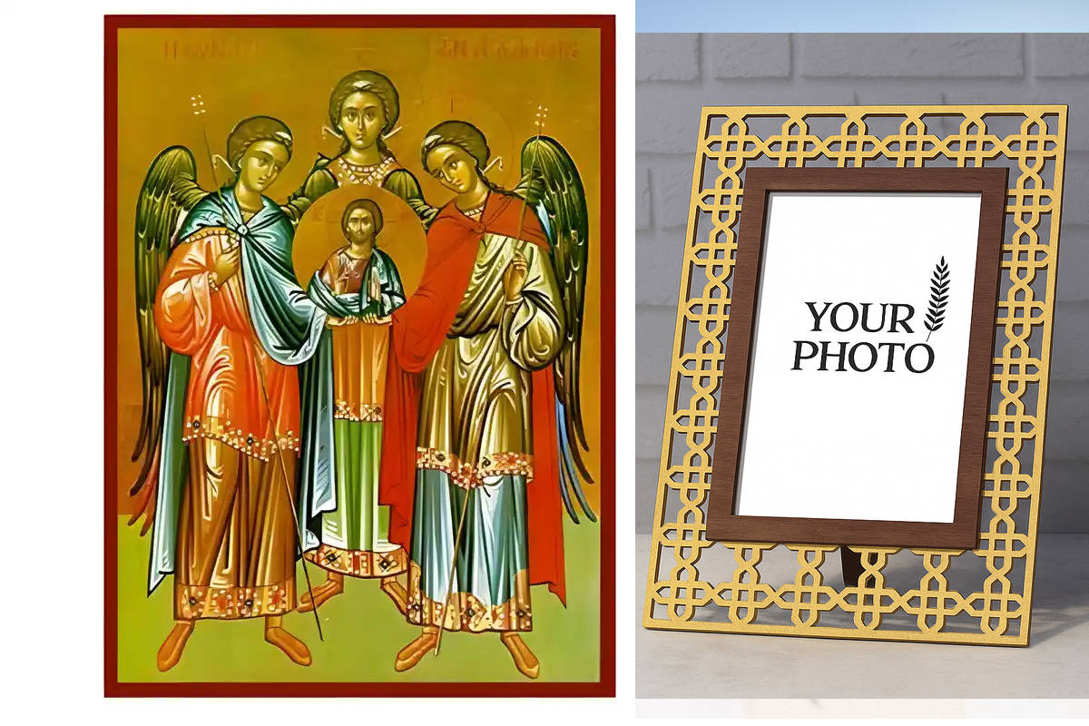 Σετ των 2 Εικόνα Ορθοδοξίας Πολυτελείας  με  σχεδιο Σταυρούς μαζι με  Βάση σε  8 χρώματα με περίγραμμα χρυσό σε ξύλο Plywood (Πλακάζ)   με  βάση Εικόνα Σύναξη Αρχαγγέλων Μιχαήλ, Γαβριήλ και Ραφαήλ Χειροποίητη Ελληνορθόδοξη , Κρεμαστή πλάκα βυζαντινής τέχν