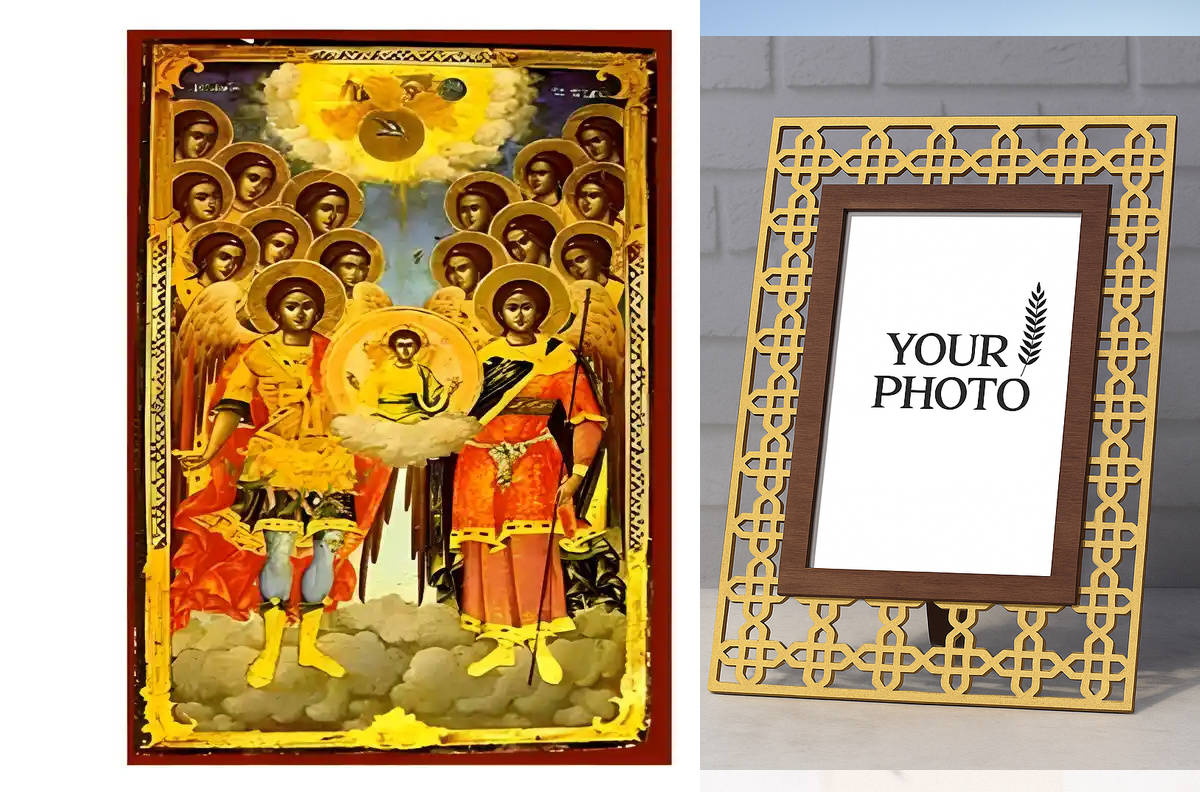 Εικόνα Ορθοδοξίας Πολυτελείας  με  σχεδιο Σταυρούς μαζι με  Βάση σε  8 χρώματα με περίγραμμα χρυσό σε ξύλο Plywood (Πλακάζ)   με  βάση Εικόνα Σύναξη  Ταξιαρχών Χειροποίητη Ελληνορθόδοξη , Κρεμαστή πλάκα βυζαντινής τέχνης, χριστιανική τέχνη Διάσταση 10x7 c