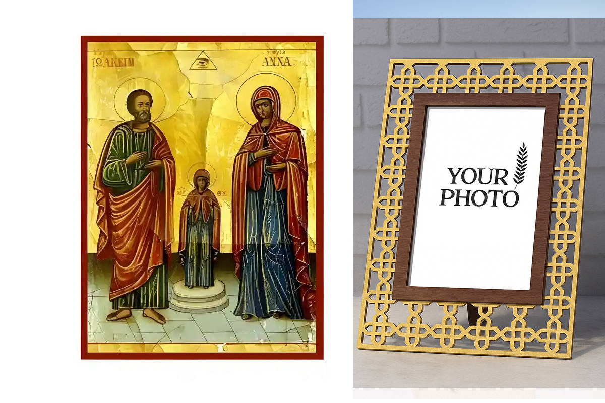 Εικόνα Ορθοδοξίας Πολυτελείας  με  σχεδιο Σταυρούς μαζι με  Βάση σε  8 χρώματα με περίγραμμα χρυσό σε ξύλο Plywood (Πλακάζ)   με  βάση Εικόνα Άγιοι Θεοπάτορες, Άγιοι Ιωακείμ και Άννα με Παναγία Χειροποίητη Ελληνορθόδοξη , Κρεμαστή πλάκα βυζαντινής τέχνης,