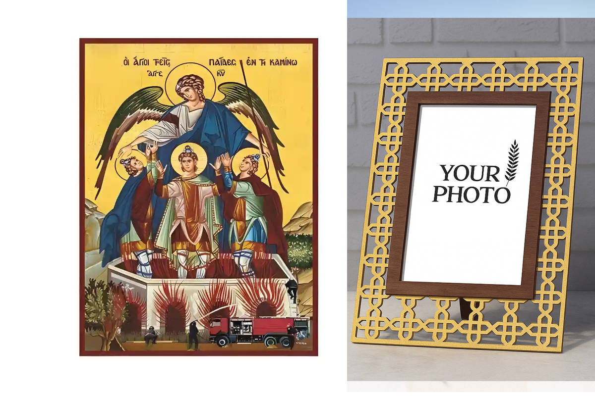 Σετ των 2 Εικόνα Ορθοδοξίας Πολυτελείας  με  σχεδιο Σταυρούς μαζι με  Βάση σε  8 χρώματα με περίγραμμα χρυσό σε ξύλο Plywood (Πλακάζ)   με  βάση Εικόνα Άγιοι τρεις Παίδες εν Καμίνω Χειροποίητη Ελληνορθόδοξη , Κρεμαστή πλάκα βυζαντινής τέχνης, χριστιανική