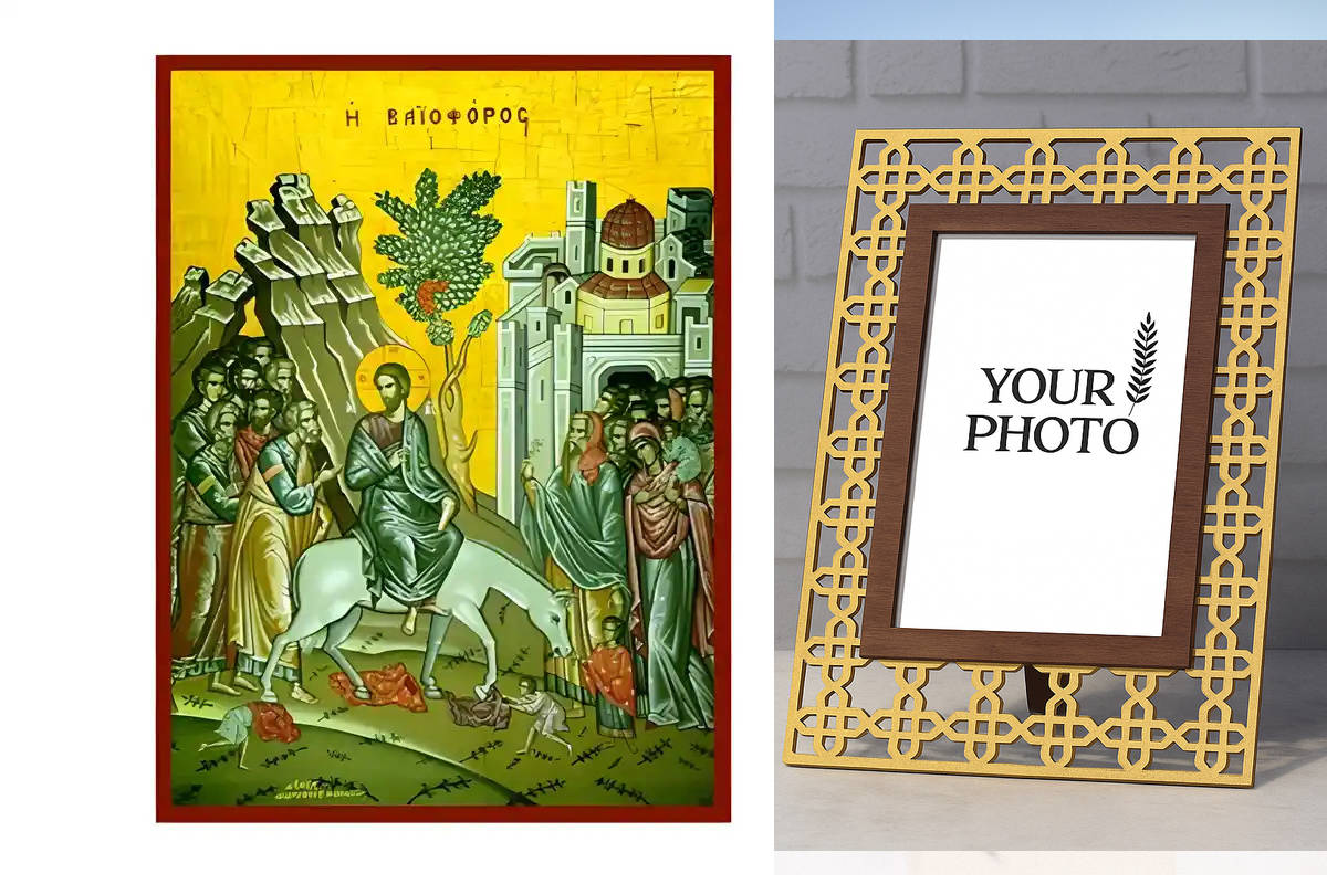 Εικόνα Ορθοδοξίας Πολυτελείας  με  σχεδιο Σταυρούς μαζι με  Βάση σε  8 χρώματα με περίγραμμα χρυσό σε ξύλο Plywood (Πλακάζ)   με  βάση Εικόνα Βαϊοφόρος Χειροποίητη Ελληνορθόδοξη , Κρεμαστή πλάκα βυζαντινής τέχνης, χριστιανική τέχνη Διάσταση 10x7 cm (3,9 x