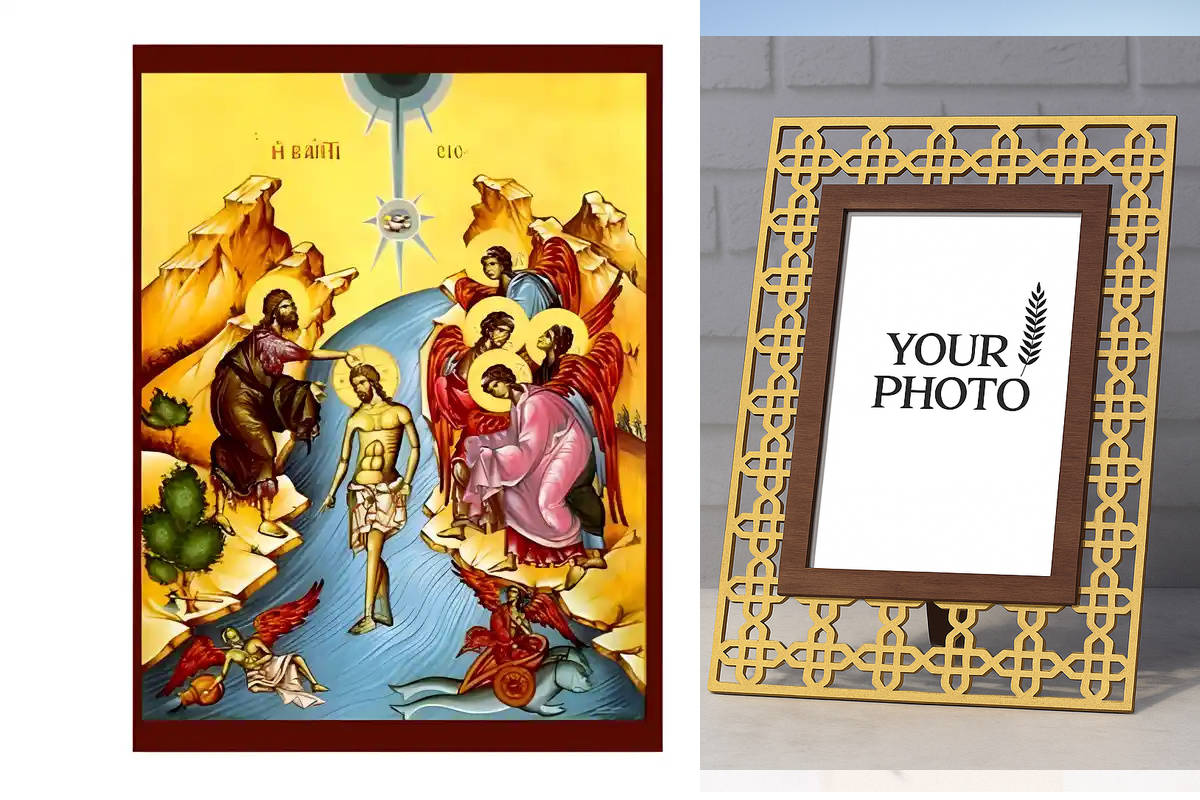 Εικόνα Ορθοδοξίας Πολυτελείας  με  σχεδιο Σταυρούς μαζι με  Βάση σε  8 χρώματα με περίγραμμα χρυσό σε ξύλο Plywood (Πλακάζ)   με  βάση Εικόνα Βάπτιση του Χριστού Χειροποίητη Ελληνορθόδοξη , Κρεμαστή πλάκα βυζαντινής τέχνης, χριστιανική τέχνη Διάσταση 10x7