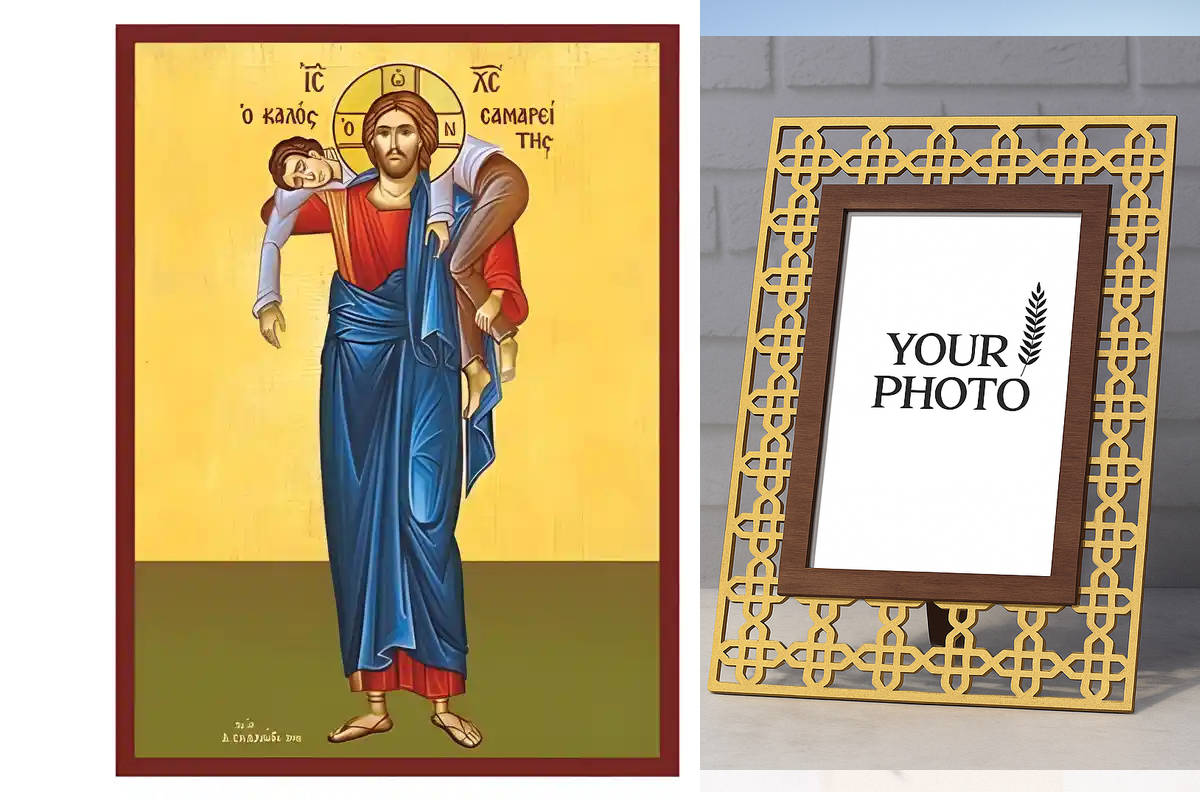 Εικόνα Ορθοδοξίας Πολυτελείας  με  σχεδιο Σταυρούς μαζι με  Βάση σε  8 χρώματα με περίγραμμα χρυσό σε ξύλο Plywood (Πλακάζ)   με  βάση Εικόνα Καλός Σαμαρείτης Χειροποίητη Ελληνορθόδοξη , Κρεμαστή πλάκα βυζαντινής τέχνης, χριστιανική τέχνη Διάσταση 10x7 cm