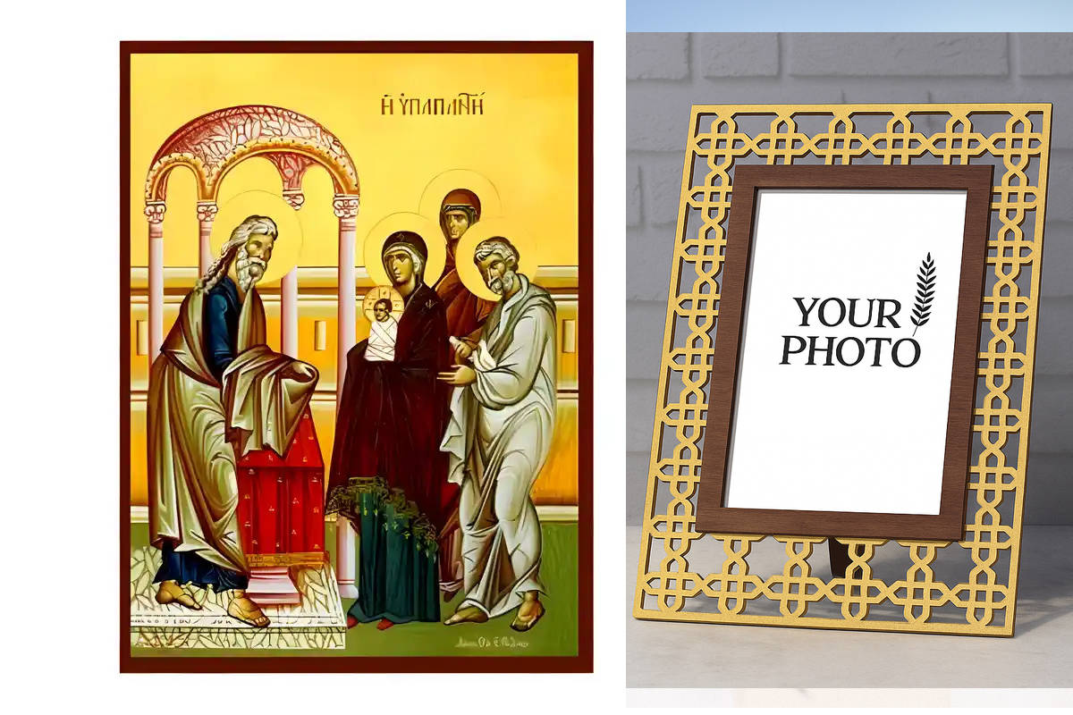 Εικόνα Ορθοδοξίας Πολυτελείας  με  σχεδιο Σταυρούς μαζι με  Βάση σε  8 χρώματα με περίγραμμα χρυσό σε ξύλο Plywood (Πλακάζ)   με  βάση Εικόνα Υπαπαντή Χριστού Χειροποίητη Ελληνορθόδοξη , Κρεμαστή πλάκα βυζαντινής τέχνης, χριστιανική τέχνη Διάσταση 10x7 cm