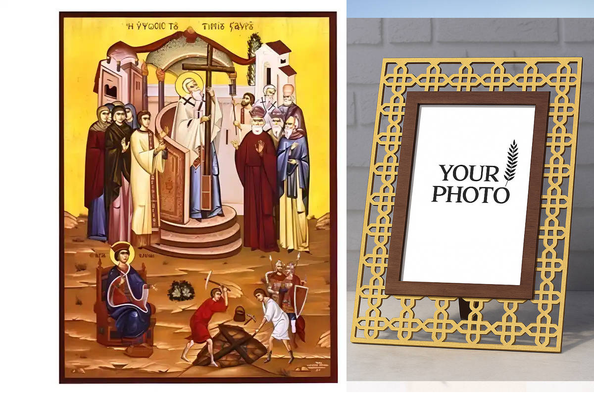 Εικόνα Ορθοδοξίας Πολυτελείας  με  σχεδιο Σταυρούς μαζι με  Βάση σε  8 χρώματα με περίγραμμα χρυσό σε ξύλο Plywood (Πλακάζ)   με  βάση Εικόνα Ύψωση και εύρεση του Τιμίου Σταυρού Χειροποίητη Ελληνορθόδοξη , Κρεμαστή πλάκα βυζαντινής τέχνης, χριστιανική τέχ