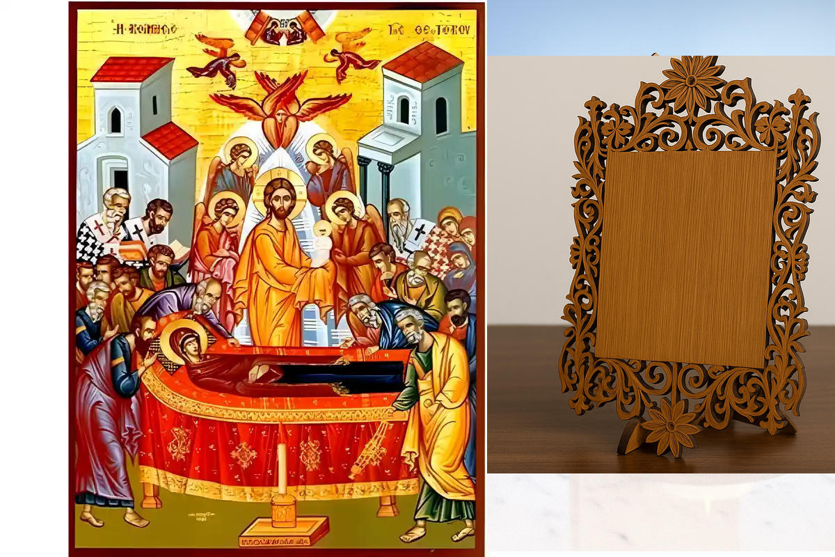 Σετ των 2 Εικόνα Ορθοδοξίας Δαντέλα μαζι με  Βάση σε  8 χρώματα με περίγραμμα χρυσό σε ξύλο Plywood (Πλακάζ)   με  βάση Εικόνα Κοίμησις της Θεοτόκου Χειροποίητη Ελληνορθόδοξη , Κρεμαστή πλάκα βυζαντινής τέχνης, χριστιανική τέχνη Διάσταση 10x7 cm (3,9 x 2,