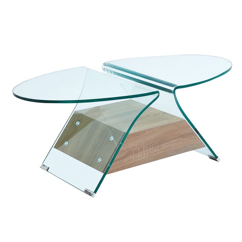 WOODWELL GLASSER Wood Τραπεζάκι Σαλονιού Oval, Διάφανο Γυαλί 12mm, Ράφι Απόχρωση Δρυς 100x54x39cm ΕΜ721,1