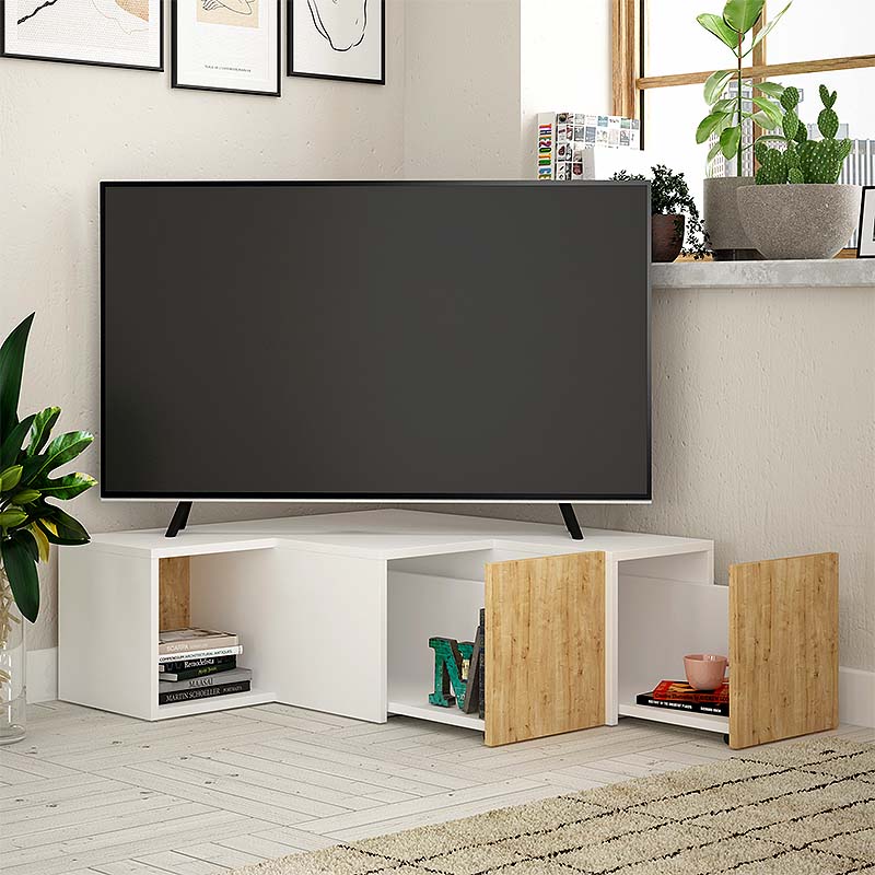Έπιπλο τηλεόρασης γωνιακό Compact Megapap μελαμίνης χρώμα λευκό – φυσικό οξιάς 94,2×90,6×31,4εκ.