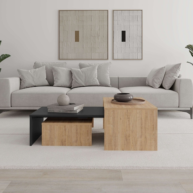 Τραπεζάκι σαλονιού σετ 3 τμχ. Kanta Megapap χρώμα sapphire oak – silky black 80x50x40,5εκ.