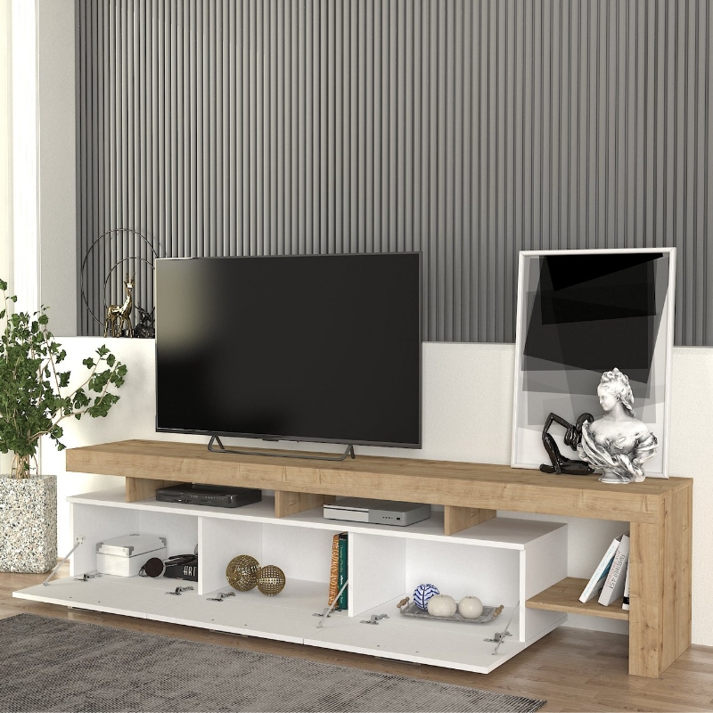 Έπιπλο τηλεόρασης Acnes Megapap χρώμα λευκό – sapphire oak 220x40x52εκ.