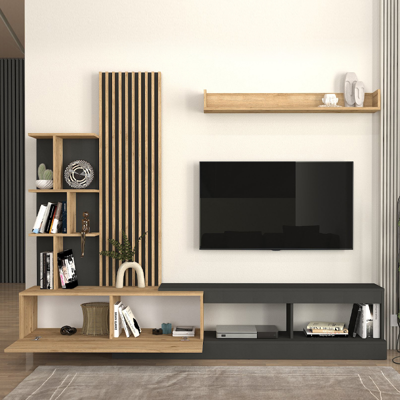 Σύνθεση τηλεόρασης Vermont Megapap χρώμα ανθρακί - sepet oak 240x40x192εκ.
