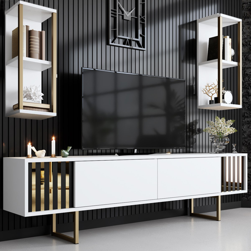 Σύνθεση τηλεόρασης Goldline Megapap χρώμα λευκό – χρυσό 180x30x48εκ. Σύνθεση τηλεόρασης Goldline Megapap χρώμα λευκό – χρυσό 180x30x48εκ.