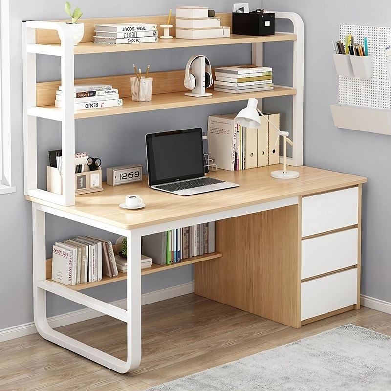 WOODWELL ΓΡΑΦΕΙΟ Η/Υ 3 Συρτάρια 3 Ράφια Μέταλλο Βαφή Άσπρο, MDF Απόχρωση Φυσικό 120x50x74/147cm ΕΟ406,2