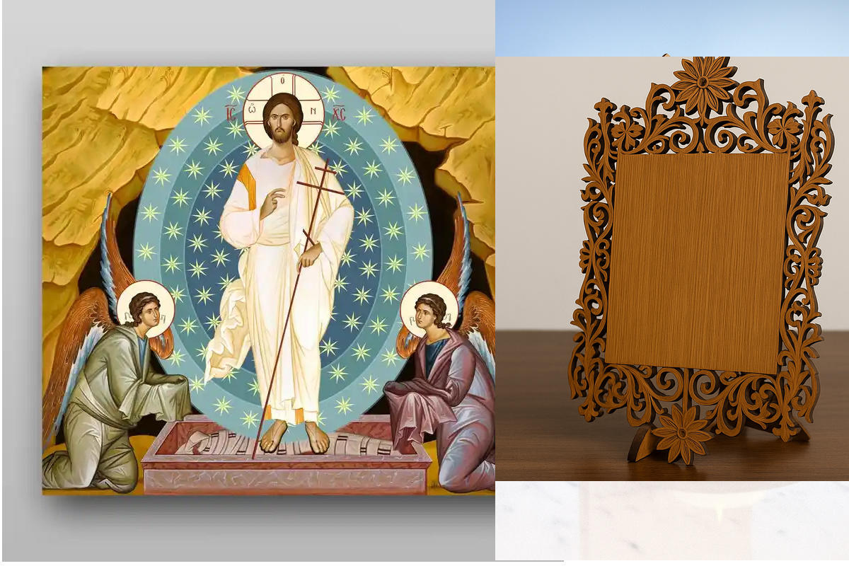 Εικόνα Ορθοδοξίας Δαντέλα μαζι με  Βάση σε  8 χρώματα με περίγραμμα χρυσό σε ξύλο Plywood (Πλακάζ)   με  βάση Ανάσταση Χριστού - Χειροποίητη Ελληνορθόδοξη , Κρεμαστή πλάκα βυζαντινής τέχνης, χριστιανική τέχνη Διάσταση 40x30 cm (15,8 x 11,8 ίντσες) INTRAEK