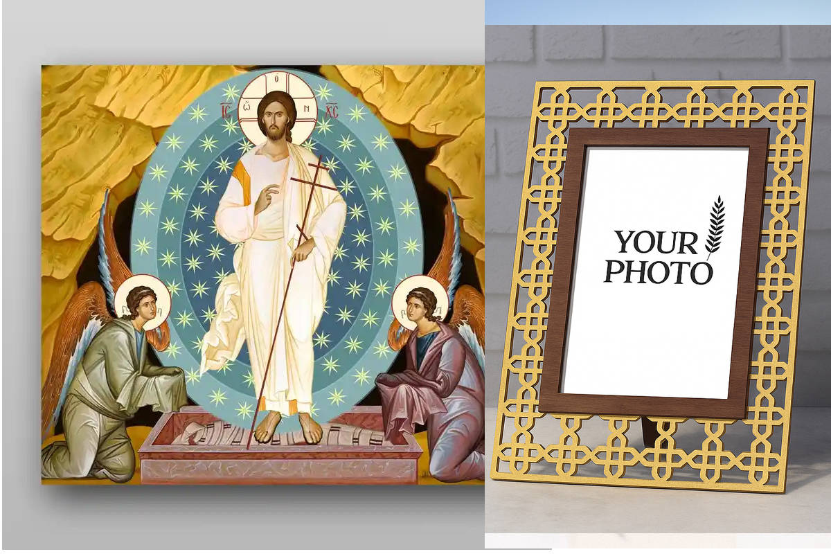 Εικόνα Ορθοδοξίας Πολυτελείας  με  σχεδιο Σταυρούς μαζι με  Βάση σε  8 χρώματα με περίγραμμα χρυσό σε ξύλο Plywood (Πλακάζ)   με  βάση Ανάσταση Χριστού - Χειροποίητη Ελληνορθόδοξη , Κρεμαστή πλάκα βυζαντινής τέχνης, χριστιανική τέχνη Διάσταση 40x30 cm (15