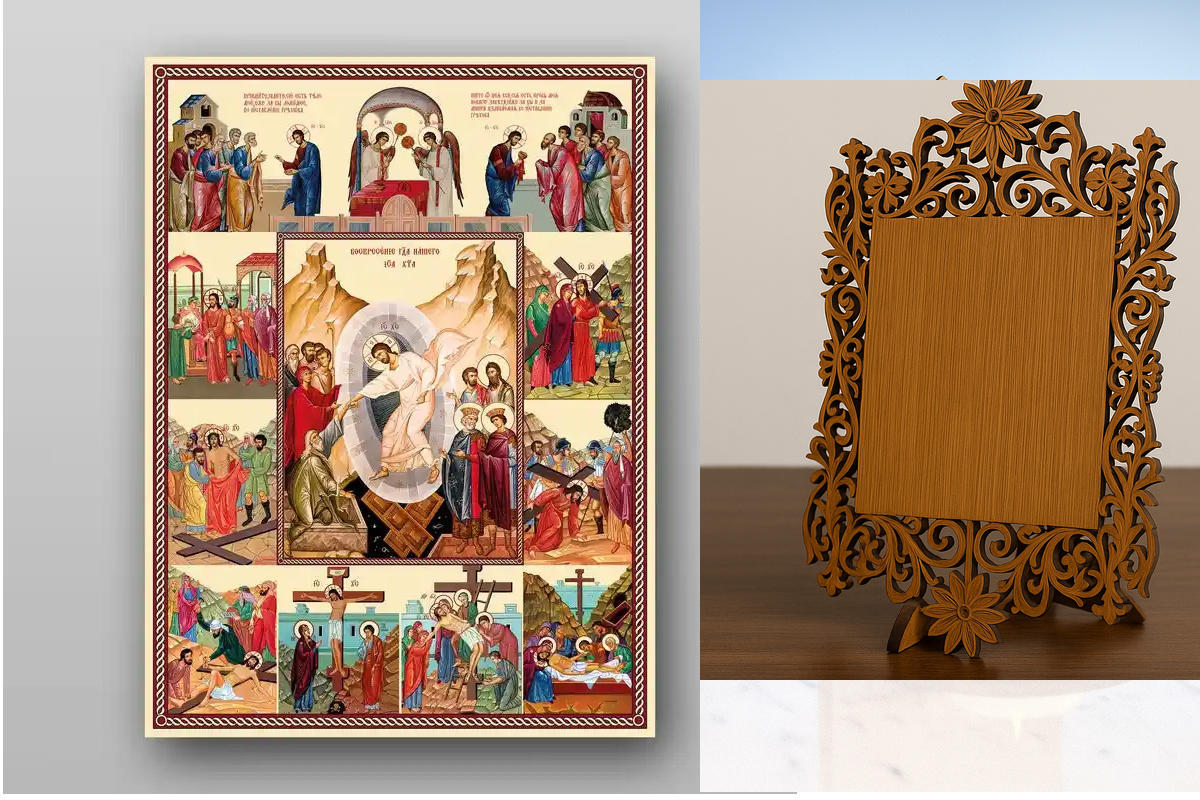 Εικόνα Ορθοδοξίας Δαντέλα μαζι με  Βάση σε  8 χρώματα με περίγραμμα χρυσό σε ξύλο Plywood (Πλακάζ)   με  βάση Ανάσταση Χριστού. Harrowing of Hades - Χειροποίητη Ελληνορθόδοξη , Κρεμαστή πλάκα βυζαντινής τέχνης, χριστιανική τέχνη Διάσταση 50x40 cm (19,7 x