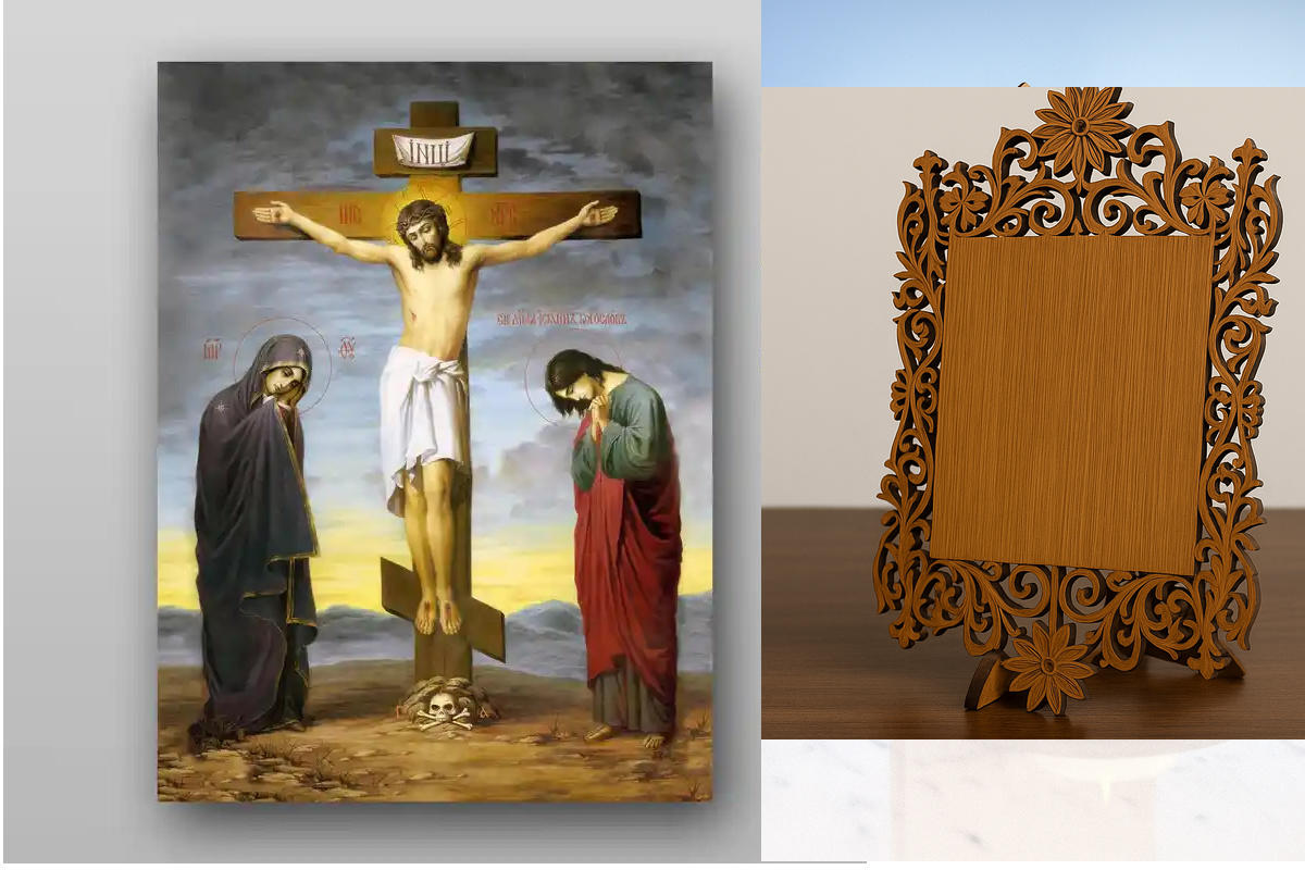Εικόνα Ορθοδοξίας Δαντέλα μαζι με  Βάση σε  8 χρώματα με περίγραμμα χρυσό σε ξύλο Plywood (Πλακάζ)   με  βάση Σταύρωση του Ιησού Χριστού στο Σταυρό. Calvary - Χειροποίητη Ελληνορθόδοξη , Κρεμαστή πλάκα βυζαντινής τέχνης, χριστιανική τέχνη Διάσταση 40x30 c