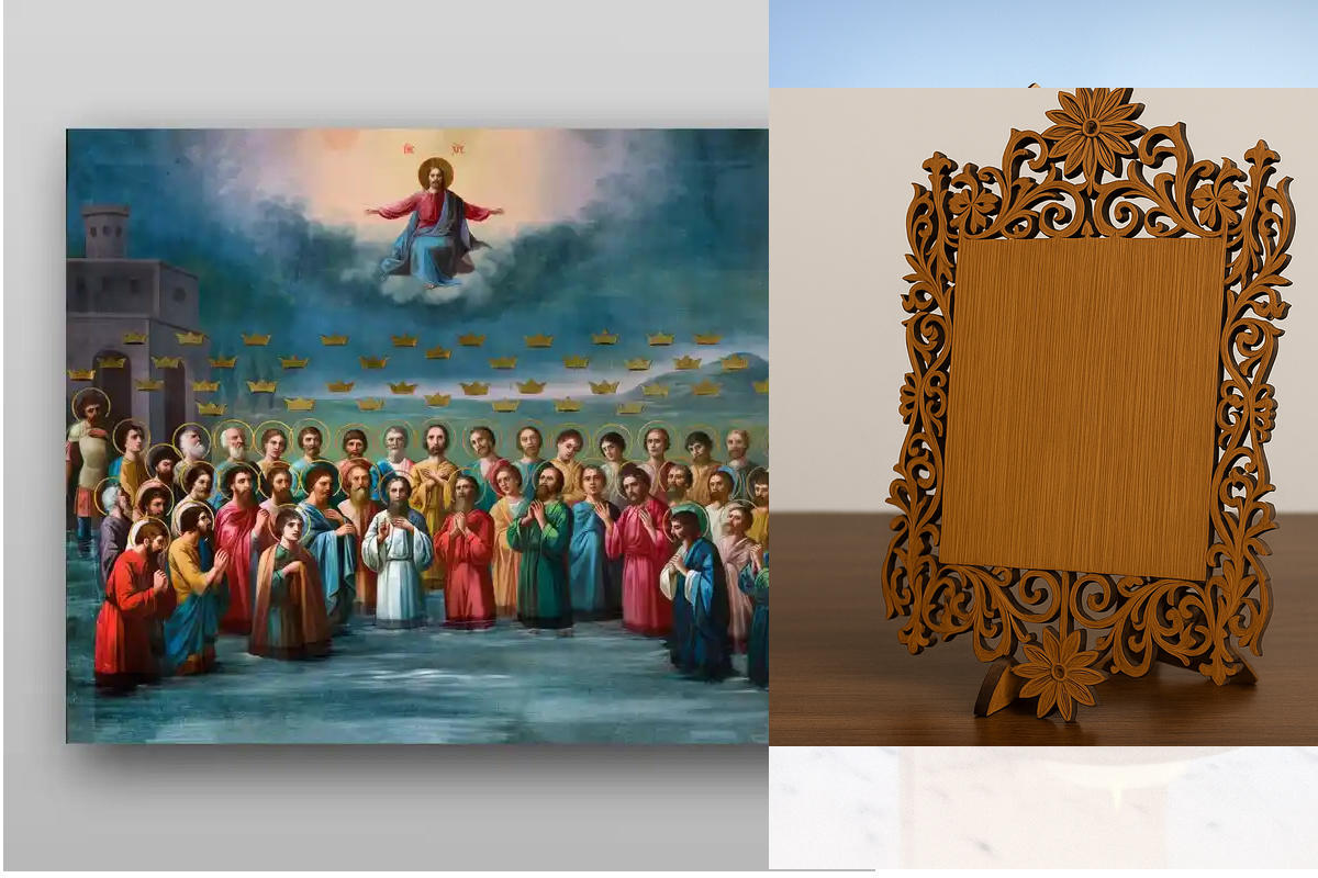 Σετ 2 τεμαχίων – Εικόνα Ορθοδοξίας Δαντέλα μαζι με  Βάση σε  8 χρώματα με περίγραμμα χρυσό σε ξύλο Plywood (Πλακάζ)   με  βάση Σαράντα Μάρτυρες της Σεβαστής - Χειροποίητη Ελληνορθόδοξη , Κρεμαστή πλάκα βυζαντινής τέχνης, χριστιανική τέχνη Διάσταση 21x15 c