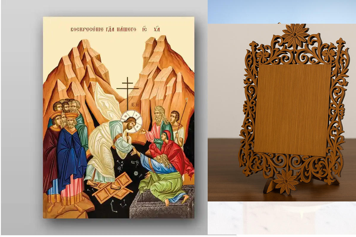 Εικόνα Ορθοδοξίας Δαντέλα μαζι με  Βάση σε  8 χρώματα με περίγραμμα χρυσό σε ξύλο Plywood (Πλακάζ)   με  βάση Ανάσταση Χριστού. Harrowing of Hades - Χειροποίητη Ελληνορθόδοξη , Κρεμαστή πλάκα βυζαντινής τέχνης, χριστιανική τέχνη Διάσταση 10x7 cm (3,9 x 2,