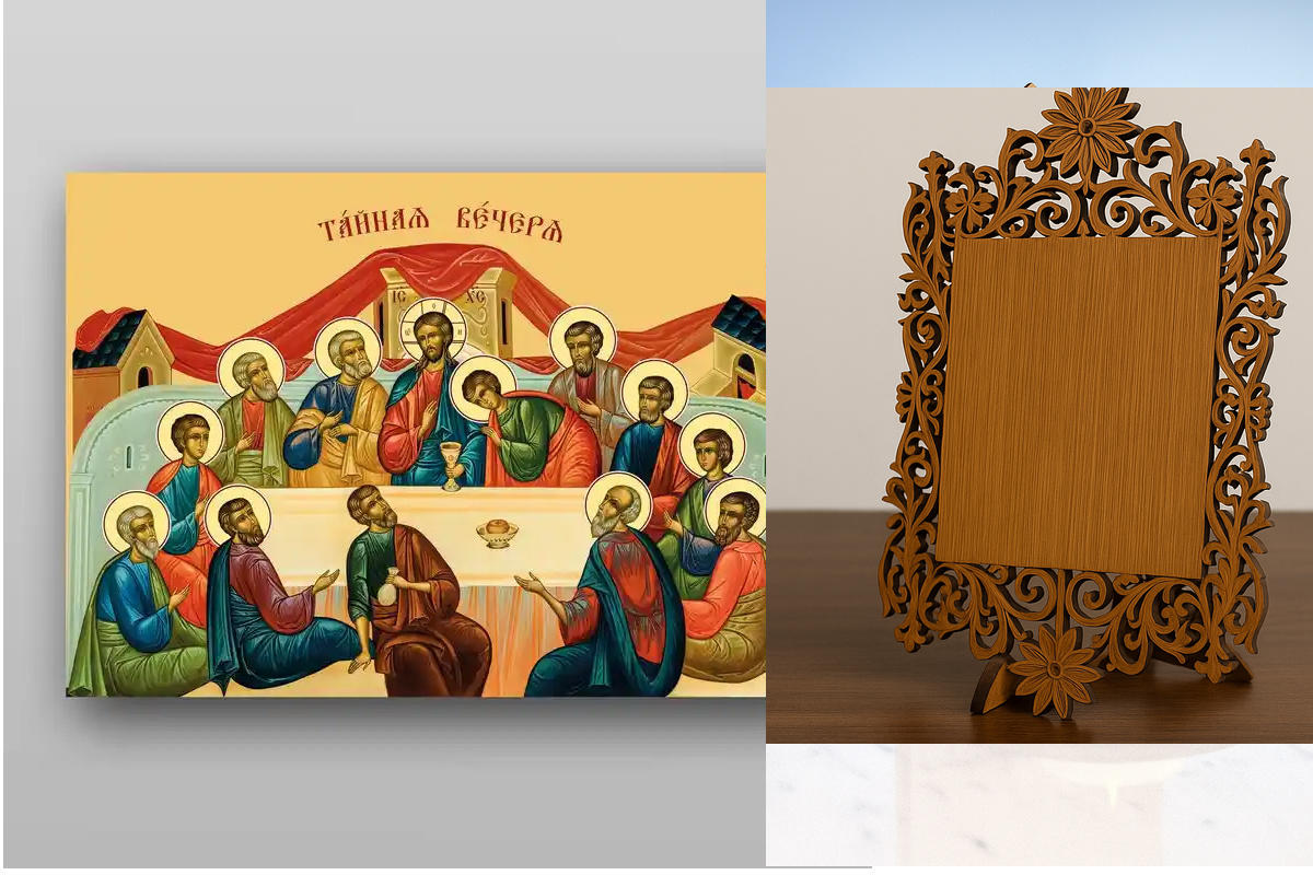 Εικόνα Ορθοδοξίας Δαντέλα μαζι με  Βάση σε  8 χρώματα με περίγραμμα χρυσό σε ξύλο Plywood (Πλακάζ)   με  βάση The Last Supper - Χειροποίητη Ελληνορθόδοξη , Κρεμαστή πλάκα βυζαντινής τέχνης, χριστιανική τέχνη Διάσταση 10x7 cm (3,9 x 2,8 ίντσες) INTRAEKkadr