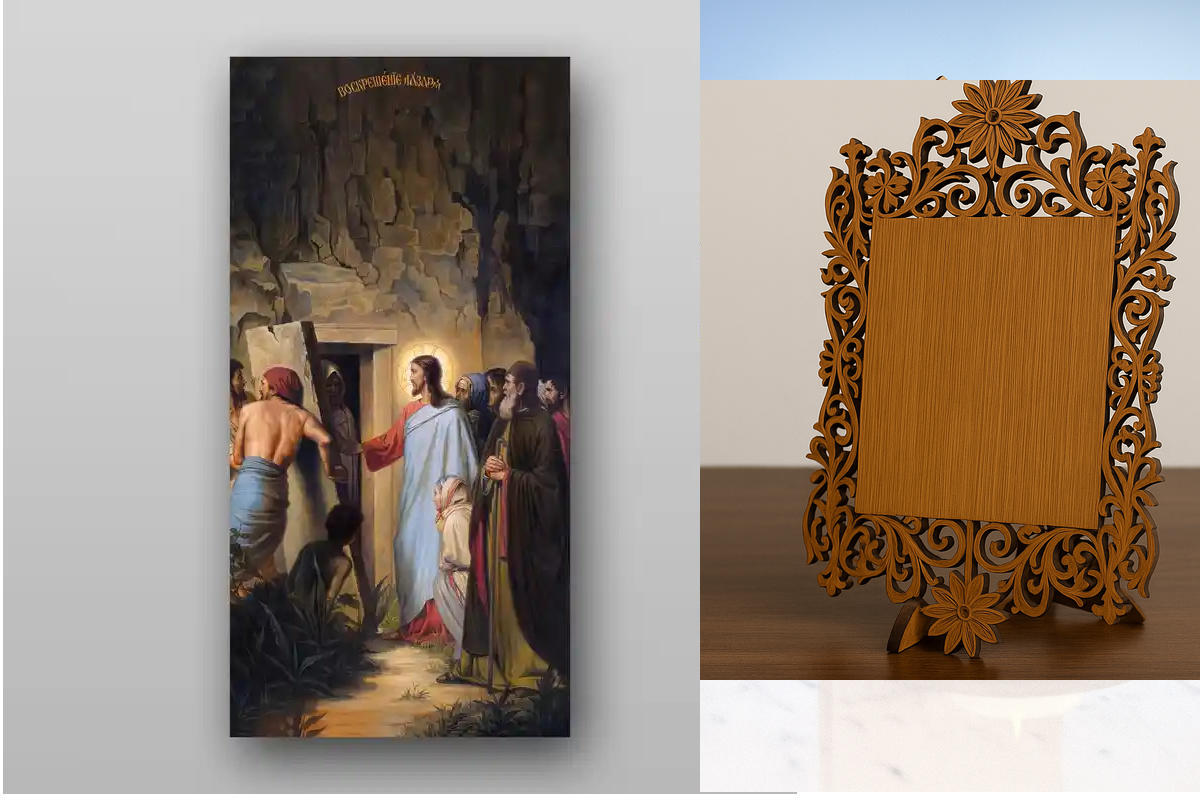 Εικόνα Ορθοδοξίας Δαντέλα μαζι με  Βάση σε  8 χρώματα με περίγραμμα χρυσό σε ξύλο Plywood (Πλακάζ)   με  βάση Ανάσταση του Τιμίου Λαζάρου - Χειροποίητη Ελληνορθόδοξη , Κρεμαστή πλάκα βυζαντινής τέχνης, χριστιανική τέχνη Διάσταση 50x40 cm (19,7 x 15,8 ίντσ