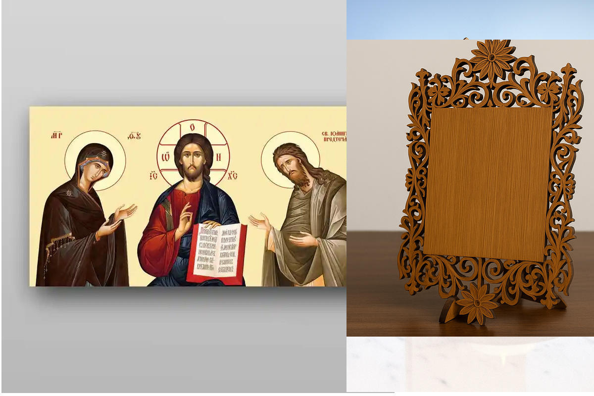 Εικόνα Ορθοδοξίας Δαντέλα μαζι με  Βάση σε  8 χρώματα με περίγραμμα χρυσό σε ξύλο Plywood (Πλακάζ)   με  βάση Jesus Christ Deesis - Χειροποίητη Ελληνορθόδοξη , Κρεμαστή πλάκα βυζαντινής τέχνης, χριστιανική τέχνη Διάσταση 40x30 cm (15,8 x 11,8 ίντσες) INTR