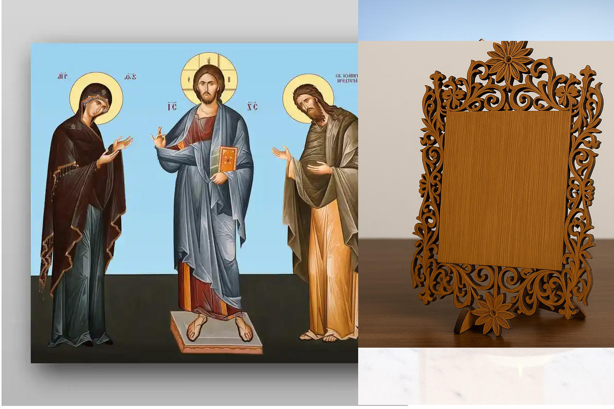 Εικόνα Ορθοδοξίας Δαντέλα μαζι με  Βάση σε  8 χρώματα με περίγραμμα χρυσό σε ξύλο Plywood (Πλακάζ)   με  βάση Jesus Christ Deesis - Χειροποίητη Ελληνορθόδοξη , Κρεμαστή πλάκα βυζαντινής τέχνης, χριστιανική τέχνη Διάσταση 50x40 cm (19,7 x 15,8 ίντσες) INTR