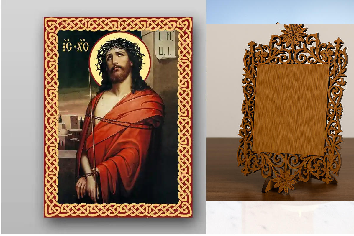 Εικόνα Ορθοδοξίας Δαντέλα μαζι με  Βάση σε  8 χρώματα με περίγραμμα χρυσό σε ξύλο Plywood (Πλακάζ)   με  βάση Ο Ιησούς Χριστός στο αγκάθινο στεφάνι - Χειροποίητη Ελληνορθόδοξη , Κρεμαστή πλάκα βυζαντινής τέχνης, χριστιανική τέχνη Διάσταση 50x40 cm (19,7 x