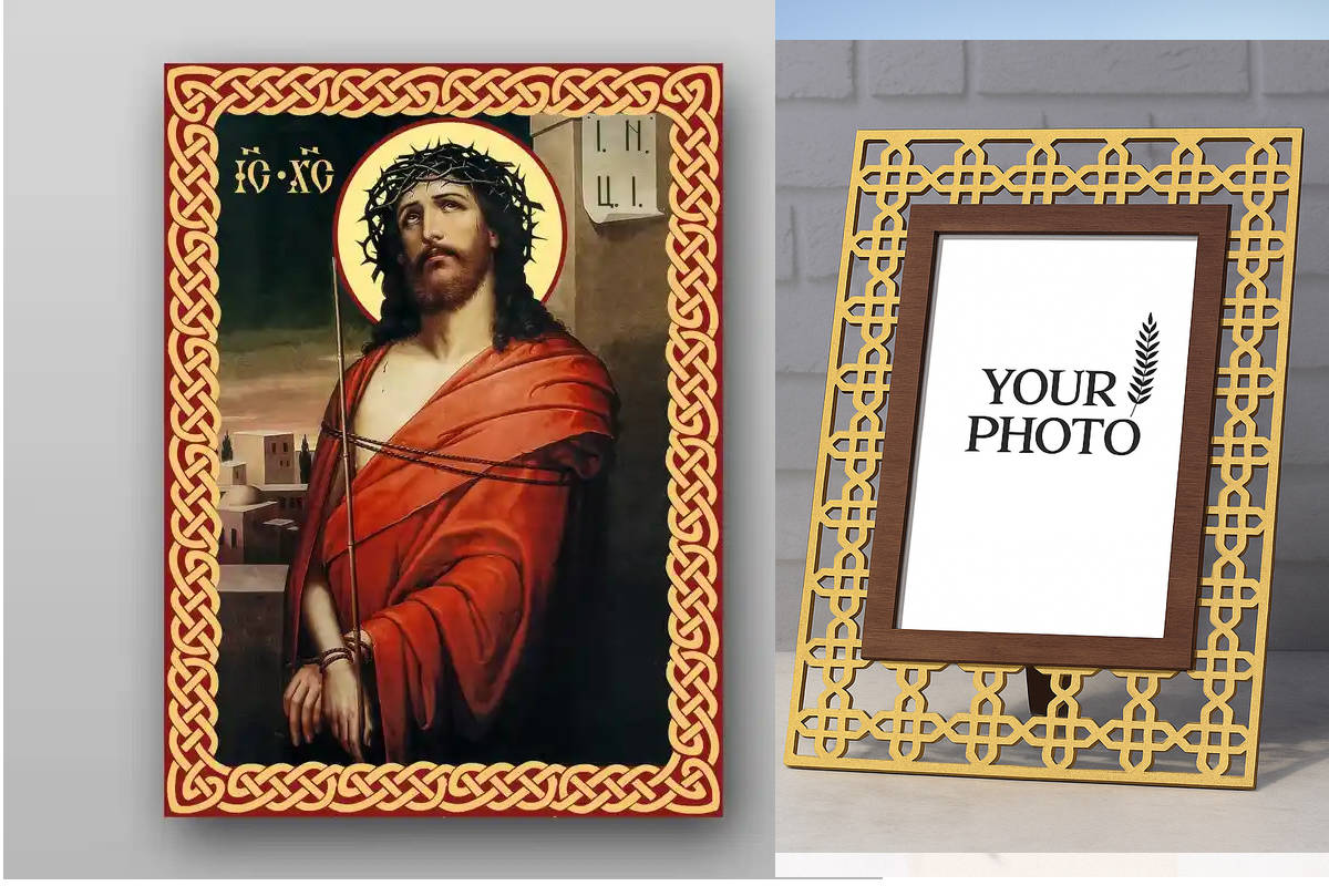 Εικόνα Ορθοδοξίας Πολυτελείας  με  σχεδιο Σταυρούς μαζι με  Βάση σε  8 χρώματα με περίγραμμα χρυσό σε ξύλο Plywood (Πλακάζ)   με  βάση Ο Ιησούς Χριστός στο αγκάθινο στεφάνι - Χειροποίητη Ελληνορθόδοξη , Κρεμαστή πλάκα βυζαντινής τέχνης, χριστιανική τέχνη