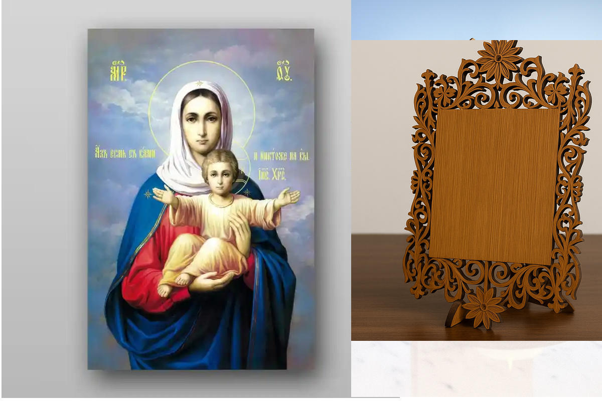 Σετ 2 τεμαχίων – Εικόνα Ορθοδοξίας Δαντέλα μαζι με  Βάση σε  8 χρώματα με περίγραμμα χρυσό σε ξύλο Plywood (Πλακάζ)   με  βάση Εικόνα της Θεοτόκου - Χειροποίητη Ελληνορθόδοξη , Κρεμαστή πλάκα βυζαντινής τέχνης, χριστιανική τέχνη Διάσταση 26x20 cm (10,2 x